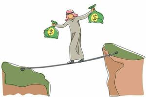 kontinuerlig en rad ritning arabisk affärsman gå över cliff gap berg bära två pengar påse riskerar farligt. manlig gångbalans på repbron. enda linje design vektorgrafisk illustration vektor