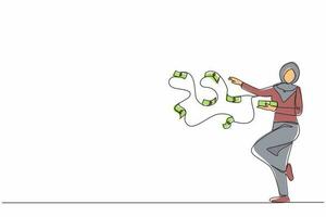 fortlaufende einzeilige zeichnung glückliche arabische geschäftsfrau millionärin wirft stapel geldbanknoten aus, die in die luft fliegen. Erfolg und wohlhabender Vermögensunternehmer. einzeiliges zeichnen design vektorgrafik vektor