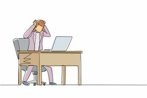 enda en rad ritning skrämmande frustrerad rädd affärskvinna kontorist chef står vid laptop, håller huvudet. kontorsöverbelastning, psykisk stress. kontinuerlig linje rita design grafisk vektorillustration vektor
