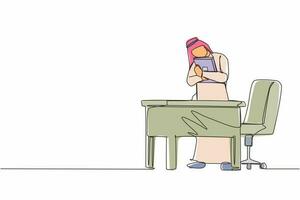 kontinuierliche einzeilige zeichnung arabischer geschäftsmann, der laptop im büro umarmt. Liebe zum Computerkonzept. emotionaler Mann. menschliche Emotionen, Gesichtsausdruck. einzeiliges zeichnen design vektorgrafik illustration vektor