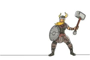 kontinuerlig en rad ritning stor stark muskulös orange krigare viking med hammare och sköld rasande attack. viking i behornad hjälm som håller hammare och sköld. en rad rita design vektorgrafik vektor