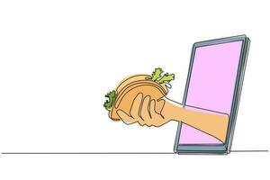 einzelne durchgehende strichzeichnung hand, die mexikanischen taco über handy hält. Konzept der Online-Lieferung von Restaurantbestellungen. Anwendung für Smartphones. eine Linie zeichnen Design-Vektor-Illustration vektor