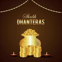 Shubh Dhanteras Einladungsgrußkarte mit Vektorillustration des Goldmünztopfes vektor