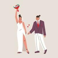 bröllop av ung män och kvinnor. brud och brudgum i bröllop kostymer och innehav blommor, bröllop årsdag. söt vektor isolerat illustrationer.