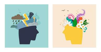 två mänsklig huvuden uttrycker mental och psykologisk hälsa. i ett där är dålig väder, moln, blixt. i annan, blomma och växt. innan och efter session av psykoterapi. vektor illustration