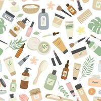 sömlös mönster med organisk kosmetika, grädde, lotion, schampo, grundläggande olja, smink. hud och hår vård Produkter och tropisk löv platt vektor illustration på vit bakgrund