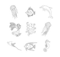 hav fiskar linje ikoner. hav djur vektor illustration. manet, delfin, sjöhäst, bläckfisk översikt uppsättning.