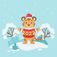 söt tiger i en tröja önskar god jul och gott nytt år 2022 på vinterbakgrund. året för tigern. vektor illustration