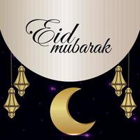 eid mubarak islamisk festival firande gratulationskort med gyllene månen och lykta vektor