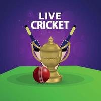 Live-Cricket-Match-Hintergrund mit Goldtrophäe und Fledermaus vektor