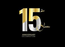 15 år årsdag firande guld och silver- vektor mall, 15 siffra logotyp design, 15:e födelsedag logotyp, logotyp årsdag, vektor årsdag för firande, affisch, inbjudan kort