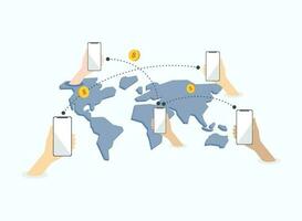 schnell Geld Transfers um das Welt. Vektor eben Illustration. weltweit Transfer von Bank Mittel. Kasse Transaktionen.
