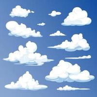 tecknade moln isolerad på blå himmel panorama vektor samling. molnlandskap i blå himmel, vit moln vektorillustration