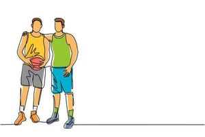 kontinuerlig en rad ritning två basketspelare omfamnar varandra. två vänliga man tillsammans efter avslutad match. manliga basketspelare firar spel med kram. enda rad rita design vektor