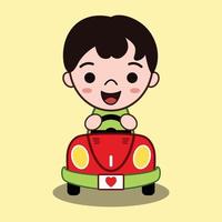 niedliche Karikaturvektorillustration eines Jungen, der ein Cabrioauto fährt, das er glücklich lächelt vektor