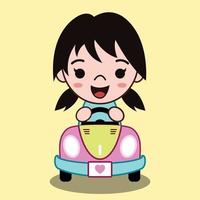 söt tecknad vektorillustration av en flicka som kör en konvertibel bil hon ler glatt vektor