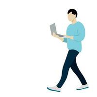das Kerl ist Gehen mit ein Laptop im seine Hände, isolieren auf Weiss, eben Vektor, Arbeit auf das gehen, hektisch Tempo von Leben vektor