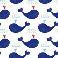 sömlösa mönster med söta marinblå valar med hjärtan och vågor vektor havsbakgrund för barn barn ritning stil tecknad baby djur undervattens illustration design för tyg etc