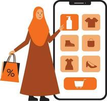 Vektor Illustration von ein Muslim Frau mit Einkaufen Taschen. online Einkaufen Konzept.