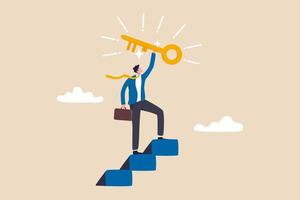 nyckel till affärsframgång, trappa för att hitta hemlig nyckel eller uppnå karriärmålsidé, affärsmanvinnare går upp till toppen av trappan och lyfter gyllene framgångsnyckel till himlen. vektor