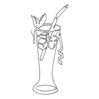 Glas von Wasser mit Eis, Cocktail, Sommer- trinken mit ein Stroh zum Trinken. kontinuierlich einer Linie Zeichnung. exotisch Früchte. lineart Vektor Illustration