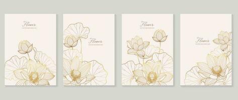 Luxus Blumen- Vektor Hintergrund Abdeckung. Pflanze Hand gezeichnet mit Kopieren Raum zum Text und Gold Linie Kunst Lotus Blume, Blatt Ast im Pastell- Farben. botanisch Design geeignet zum Banner, Abdeckung, Einladung.