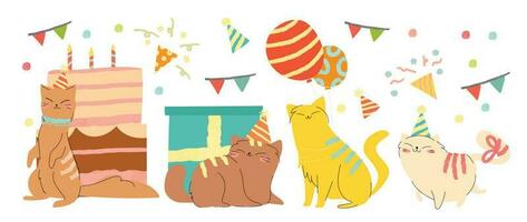 Lycklig födelsedag begrepp djur- vektor uppsättning. samling av förtjusande sällskapsdjur, katt, ballong, gåva. födelsedag fest rolig djur- karaktär illustration för hälsning kort, inbjudan, ungar, utbildning, grafik.