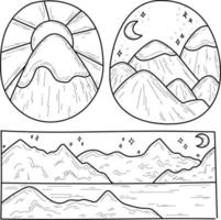 Gekritzel niedliche Berge Natur Wanderung isoliert Linie Logo Sammlung Hand gezeichnete Vektor-Illustrationen Morgen und Nacht Färbung Set Skizze für ein Tattoo vektor