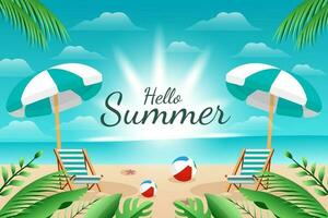 Hallo Sommer- Illustration sonnig Strand Hintergrund Design mit Regenschirm, Sitz, Bälle, und Blätter vektor