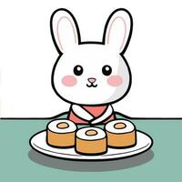 söt kanin äter sushi tecknad serie stil. förtjusande platt vektor klämma konst.