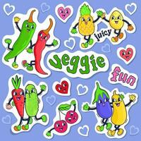 Vegetarisch und Spaß. retro Vektor einstellen von Gemüse und Obst Aufkleber mit lächelnd Gesichter und behandschuhte Hände.