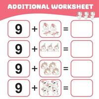 räkning enhörning aktivitet för barn. matematiskt kalkylblad för ungar. ytterligare matematik arbetsblad. räkna och skriva aktivitet för ungar. vektor fil.