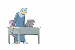 en rad ritning frustrerad och rasande arabisk affärskvinna skriker och skriker skärm laptop på hennes skrivbord. dåliga känslor på arbetsplatsen. kontinuerlig linje design grafisk vektorillustration vektor