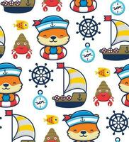 nahtlos Muster Vektor von Karikatur süß Fuchs im Matrose Deckel auf Rettungsring mit Marine Tiere, Segeln Elemente Illustration