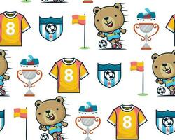 nahtlos Muster Vektor von Karikatur komisch Bär spielen Fußball, Fußball Elemente Illustration