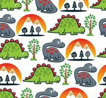 sömlös mönster vektor av tecknad serie rolig dinosaurier med träd och vulkaner