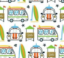 nahtlos Muster Vektor von lächelnd Fahrzeuge Karikatur mit Strand Ferien Elemente