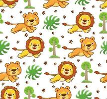 nahtlos Muster Vektor von Karikatur Löwe mit Bäume, Blätter und Fußabdruck