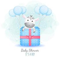 Babyparty, es ist ein Junge. niedliches Babyzebra in einer Geschenkbox mit Luftballons Premium-Vektor vektor