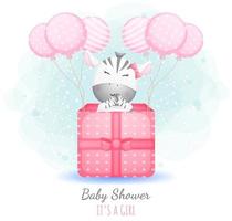 Babyparty es ist ein Mädchen. niedliches Babyzebra in einer Geschenkbox mit Luftballons Premium-Vektor vektor