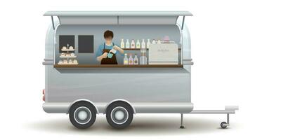 gata Kafé skåpbil trailer med Barista inuti isolerat vektor illustration. små företag och gata mat begrepp.