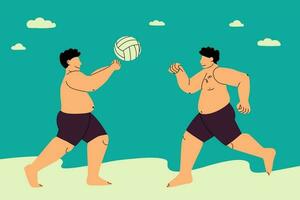 Strand Volleyball. Fett glücklich Männer abspielen Ball auf das Strand. Plus Größe Jungs im Badeanzüge. eben Vektor isoliert Illustration.