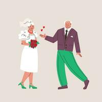 das Hochzeit von ein Alten Mann und Frau. Braut und Bräutigam im ein passen und halten Blumen, Hochzeit Jubiläum. süß Vektor isoliert Illustration.