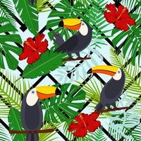 tukan, exotiska fåglar, tropiska palmblad, djungel och blommor. vacker sömlös vektor blommönster bakgrund. vektor sömlösa mönster för snygg tyg design, papper, webb.