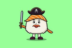 tecknad serie sushi pirat med hatt och innehav svärd vektor