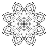 Blumenmandala mit schwarzem Umriss. kritzeln sie rundes dekoratives element für das malbuch, das auf weißem hintergrund lokalisiert wird. floraler geometrischer Kreis. vektor