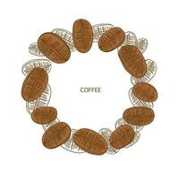 mall med kaffe. ram med kaffefärgad. illustration av en uppsättning av handgjort kaffe bönor i en oärlig stil.för märka, skriva ut, logotyp, bakgrund för text. design element. vektor