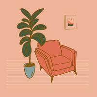 Sessel. Innere Illustration mit Orange Sessel, Zimmerpflanze Ficus Lyrata. ein Zimmer mit Rosa Wände, hell gepolstert Möbel, Bild auf das Mauer. Hand gezeichnet eben Vektor Grafik. Jahrgang Stil