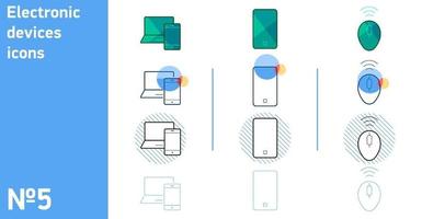 detta är en uppsättning telefonikoner med en bärbar dator och en datormus i olika stilar vektor