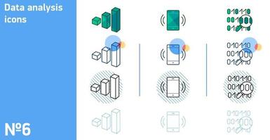 Dies ist eine Reihe von Symbolen zur Analyse digitaler und statistischer Daten sowie ein Smartphone in verschiedenen Stilen vektor